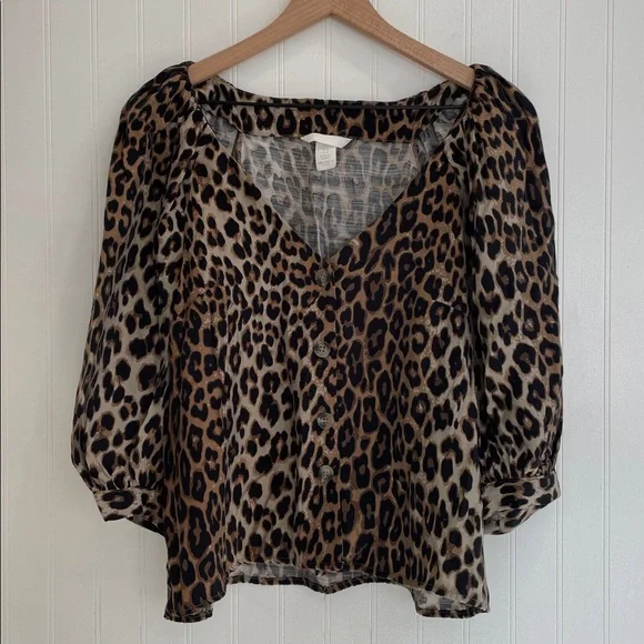 H&M Leopard Print V-Neck Button Down Elbow Length Puff Sleeve Blouse Boho Size M - Picture 5 of 10